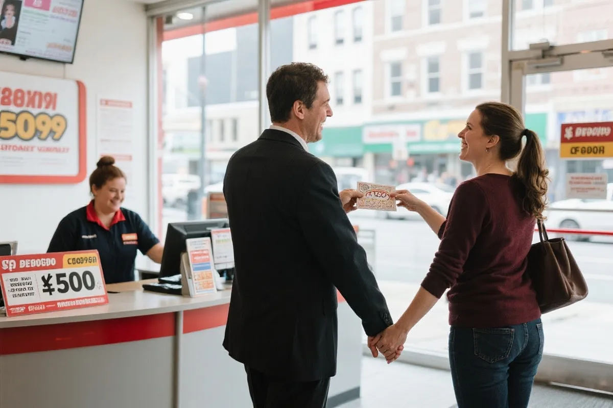 兑奖中心里一对夫妻递交彩票，喜悦而克制